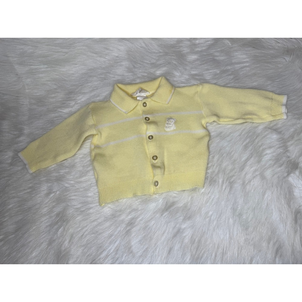 1980's Baby Yellow Knit Cardigan Sweater Teddy Bear Size Newborn to 9 Months